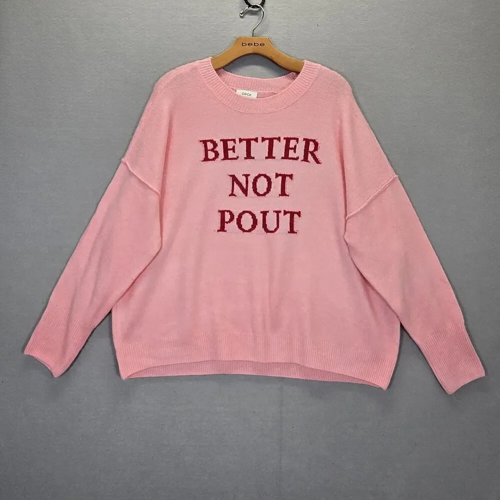 CECE Womens Large “Better Not Pout” Christmas Knit Sweater Top Pink